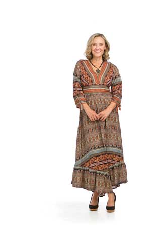 PD-16506 - GLOBAL PRINTED EMPIRE WAIST DRESS WITH TIE SLEEVES - Colors: AS SHOWN - Available Sizes:XS-XXL - Catalog Page:42 
